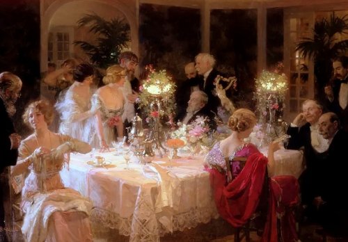 The End of Dinner, 1913 painting by Jules Grun. Depiction of a Victorian era dinner party from the Oakville Museum's Be Our Guest: The Social Etiquette of Gathering exhibit.