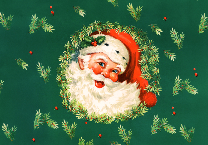 Vintage illustration of Santa Claus framed by a green wreath