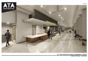 Iroquois Ridge construction rendering - Customer service desk and lobby