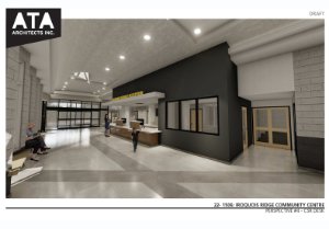 Iroquois Ridge construction rendering - Customer service desk and entrance