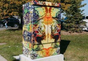 Traffic signal cabinet box wrap design blends photography with abstract painting to create a kaleidoscopic vision of abstract landscapes.