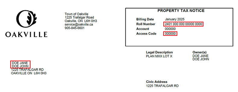 Town of Oakville Property Tax Notice example 