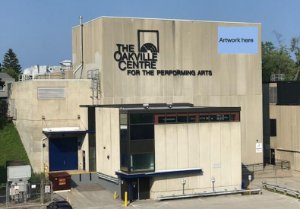 Public art placement on the fly tower of the Oakville Centre for the Performing Arts