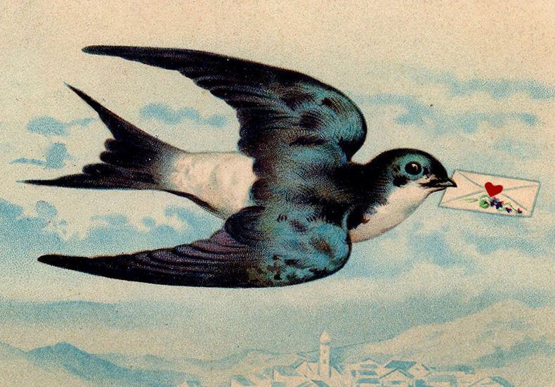 Illustration of a bird flying over a mountain town with an envelope in its beak.