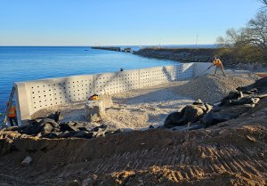 The area behind the Bank Swallow artificial nesting wall is being backfilled using a soil mix ideal for Bank Swallow burrows. 