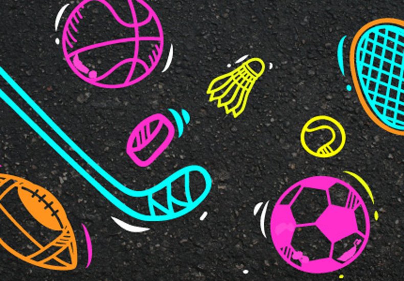 Illustrated graphic of neon sports equipment