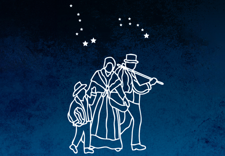 Line drawing of people following the constellations.