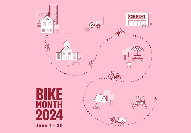 Promotional graphics for Bike Month June 1-30, 2024.